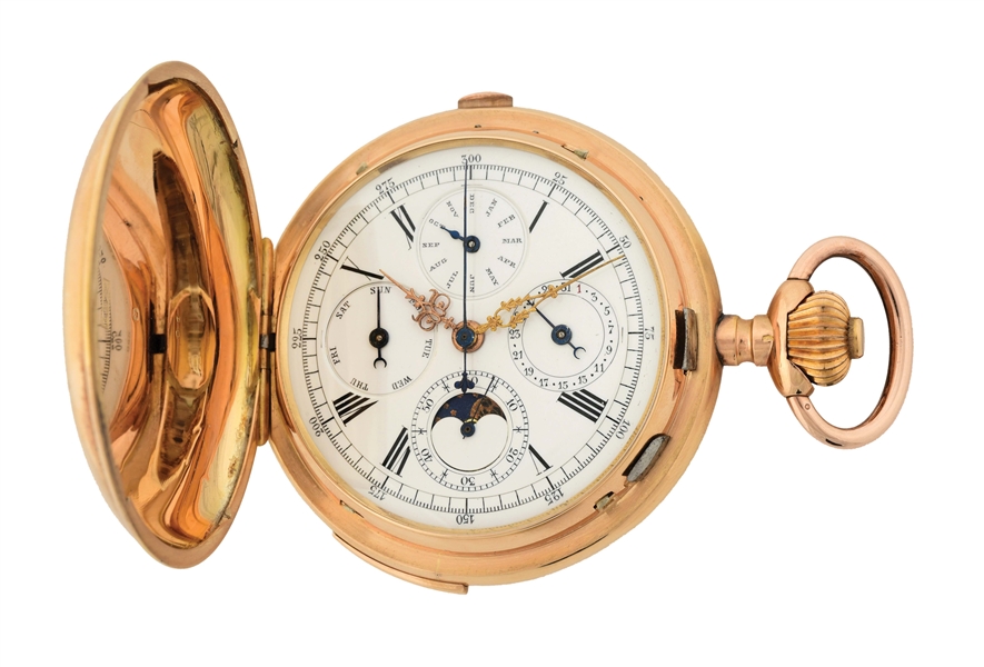 18K PINK GOLD FAVRE GRAND COMPLICATIONS QUARTER REPEATING TRIPLE DATE CHRONOGRAPH H/C POCKET WATCH W/MOONPHASE.