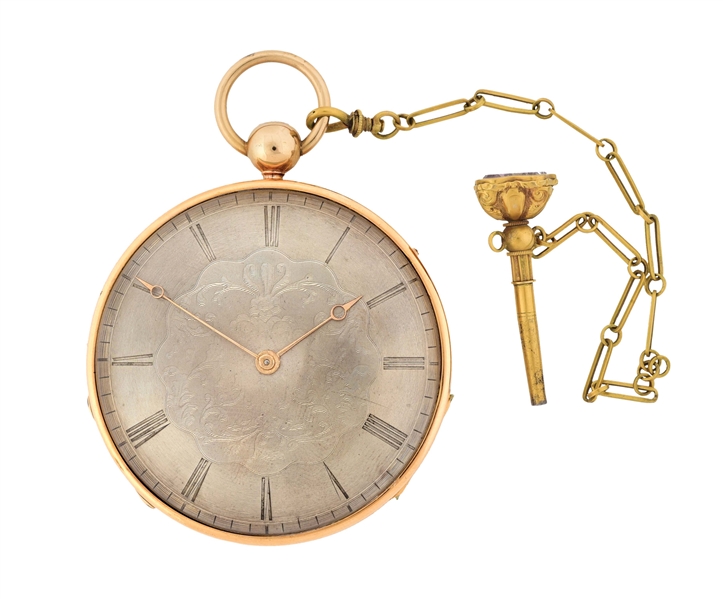 RARE 18K GOLD VUILLEUMIER, FRERES, FRENCH O/F REPEATING CLOCK WATCH W/CHAIN AND KEY.