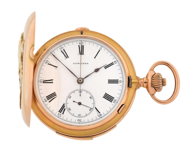 18K GOLD LONGINES MINUTE REPEATING CHRONOGRAPH H/C POCKET WATCH W/WILD STALLIONS.