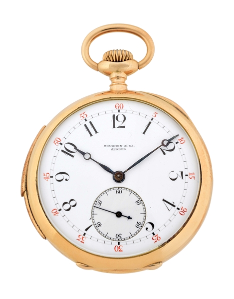 14K GOLD TOUCHON & CO. SWISS MINUTE REPEATING O/F POCKET WATCH.