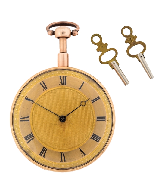 18K GOLD RICH LOWIS, LONDON, VERGE FUSEE MINUTE REPEATING O/F POCKET WATCH W/ENGRAVED BUST.