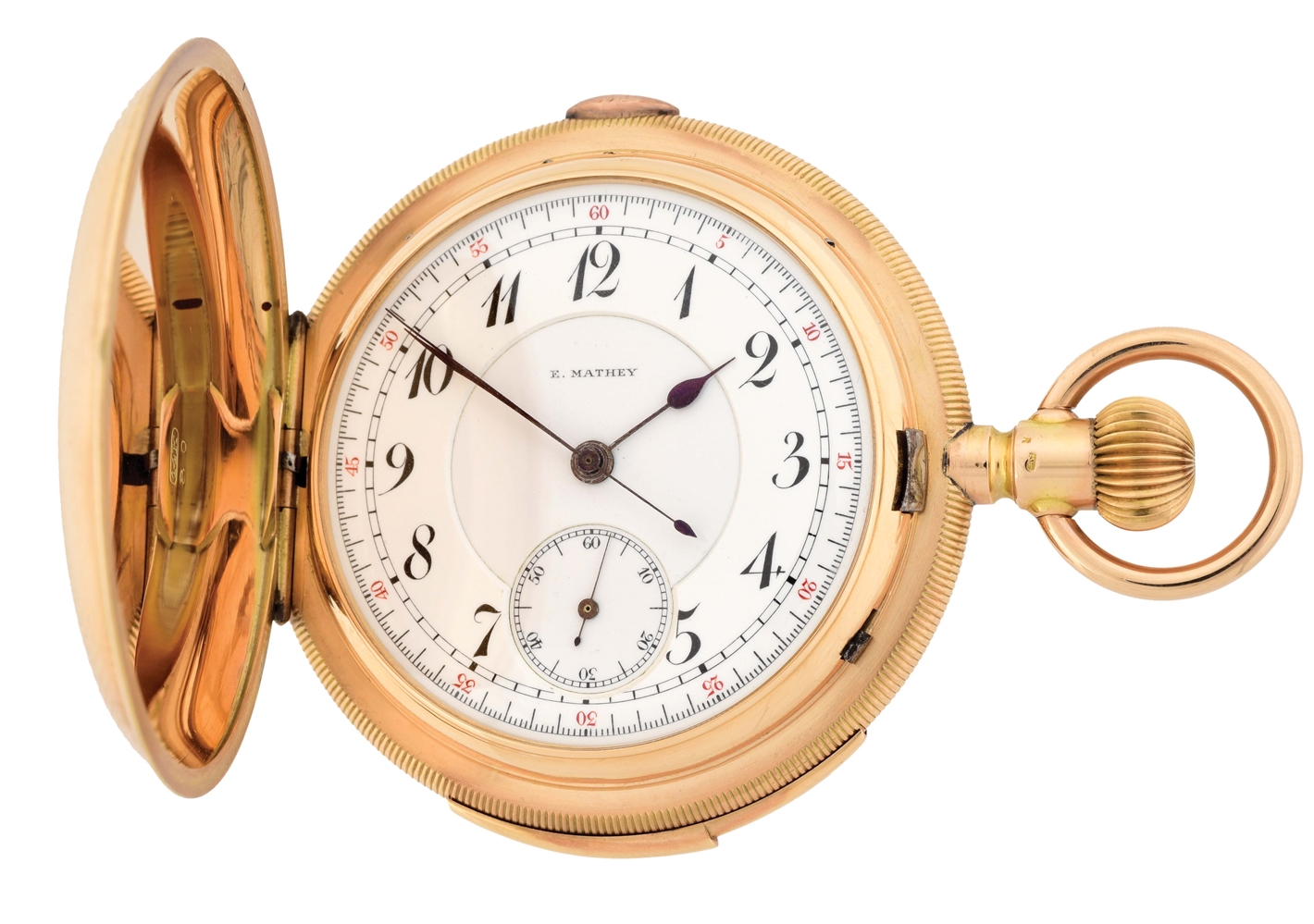 14K GOLD E. MATHEY SWISS MINUTE REPEATING CHRONOGRAPH H/C POCKET WATCH, CIRCA 1890.