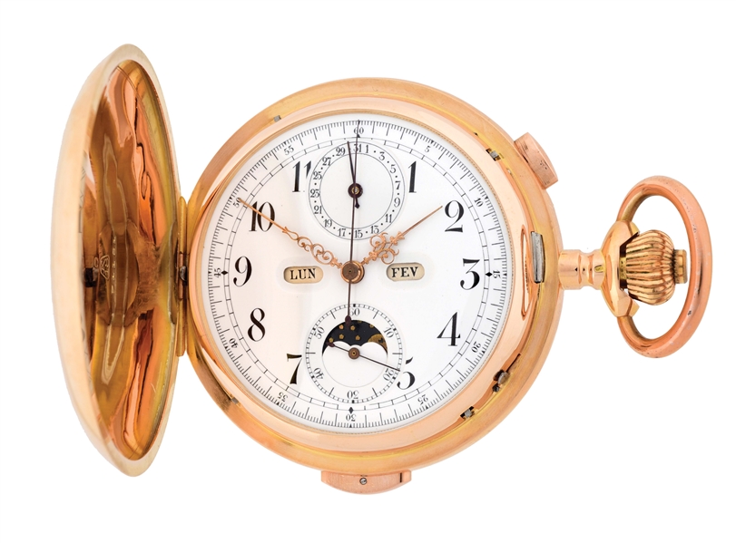 18K PINK GOLD SWISS GRAND COMPLICATIONS REPEATING CHRONOGRAPH W/MOON PHASE CALENDAR.