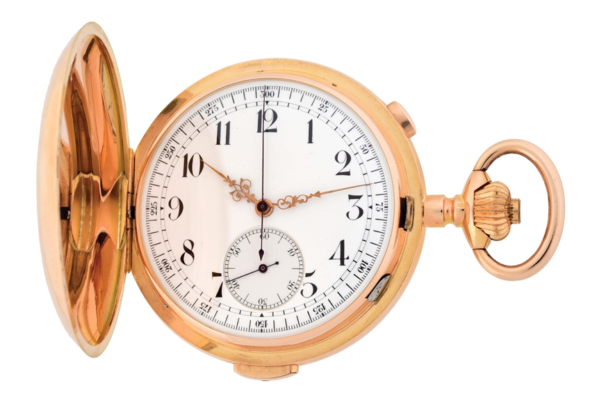 18K PINK GOLD SWISS MINUTE REPEATING CHRONOGRAPH H/C POCKET WATCH.