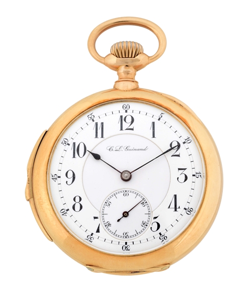 14K GOLD C.L. GUINAND SWISS MINUTE REPEATING O/F POCKET WATCH.