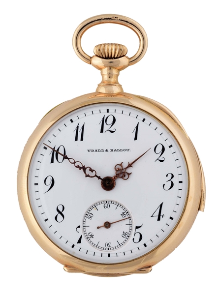 RARE 14K GOLD SWISS MINUTE REPEATING H/C PENDANT WATCH FOR PRIVATE LABEL, UDALL & BALLOU, NEW YORK, CIRCA 1900.