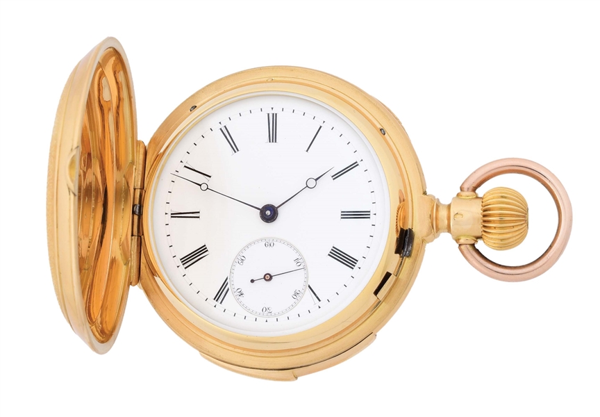 18K GOLD SWISS MINUTE REPEATING FINE H/C POCKET WATCH, CIRCA 1890.