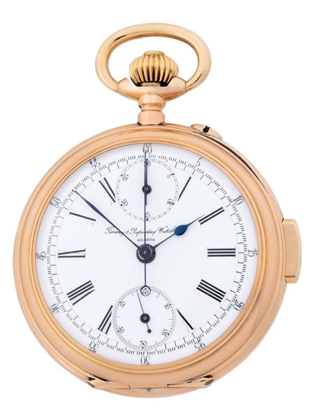 14K GOLD TIMING & REPEATING WATCH CO, GENEVA, QUARTER REPEATER CHRONOGRAPH O/F POCKET WATCH.