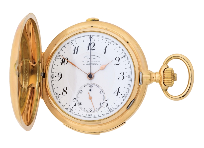 18K GOLD INVAR CHRONOMETER FOR I. JACOBS, CHILE, MINUTE REPEATING CHRONOGRAPH H/C POCKET WATCH.