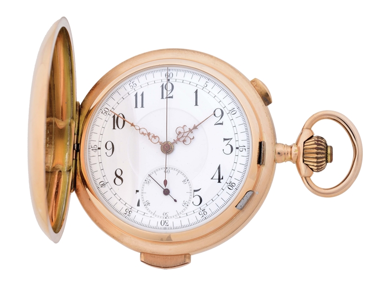 14K PINK GOLD SWISS MINUTE REPEATING CHRONOGRAPH H/C POCKET WATCH.