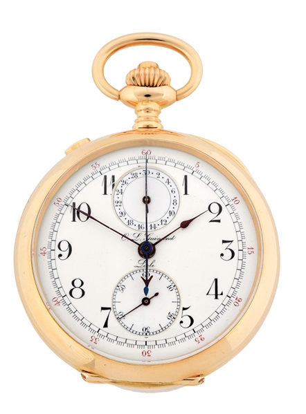 14K PINK GOLD C.L. GUINAND SWISS SPLIT-SECOND RATTRAPANTE CHRONOGRAPH O/F POCKET WATCH.