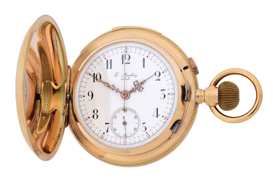 14K GOLD E. MATHEY SWISS MINUTE REPEATING CHRONOGRAPH H/C POCKET WATCH, CIRCA 1890.