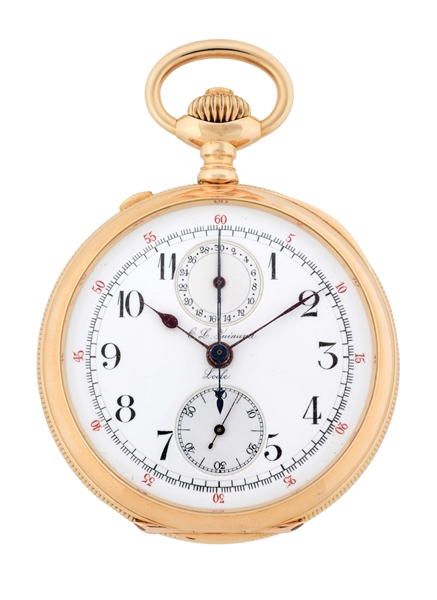 14K GOLD C.L. GUINAND SWISS SPLIT-SECOND RATTRAPANTE CHRONOGRAPH O/F POCKET WATCH.
