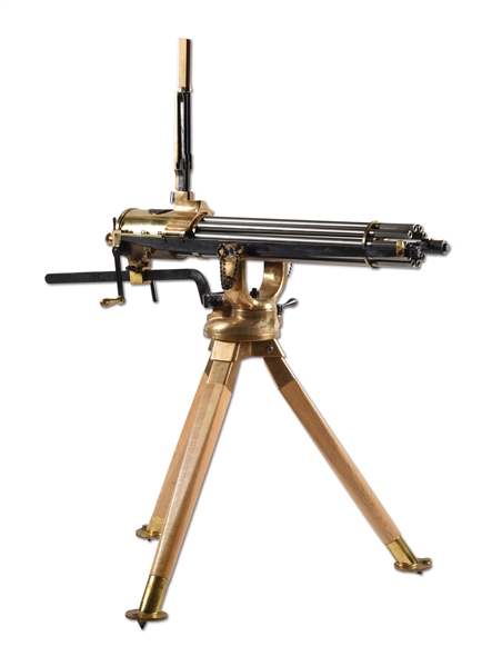 (C) EXTREMELY FINE AND ATTRACTIVE TOP QUALITY DIXIE GUN WORKS REPRODUCTION MODEL 1874 GATLING GUN ON TRIPOD WITH SHIPPING/STORAGE CRATE.