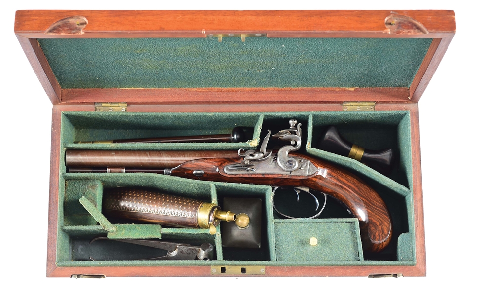 (A) AN ATTRACTIVELY ASSEMBLED JAMES RICHARDSON DOUBLE BARREL FLINTLOCK HOWDAH OR OFFICERS PISTOL, CASED.