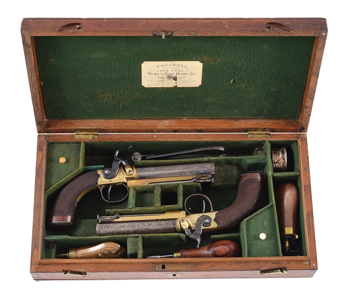 (A) ATTRACTIVE PAIR OF BENJAMIN COGSWELL RETAILED PERCUSSION BELT PISTOLS IN RETAILER CASE.