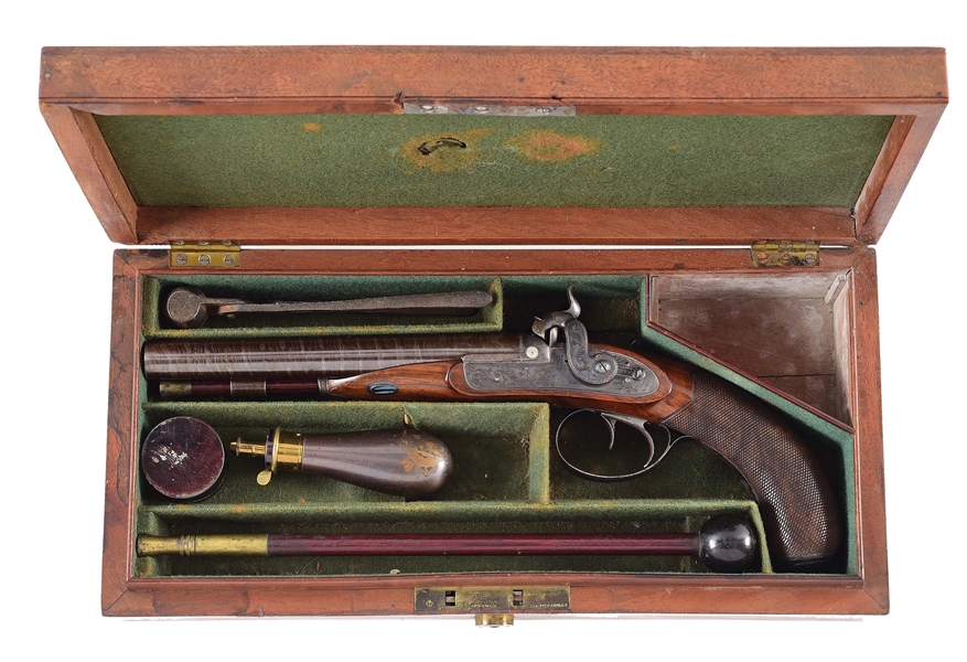 (A) HIGHLY ATTRACTIVE PURDEY PERCUSSION HOWDAH PISTOL WITH CASE, ACCESSORIES.