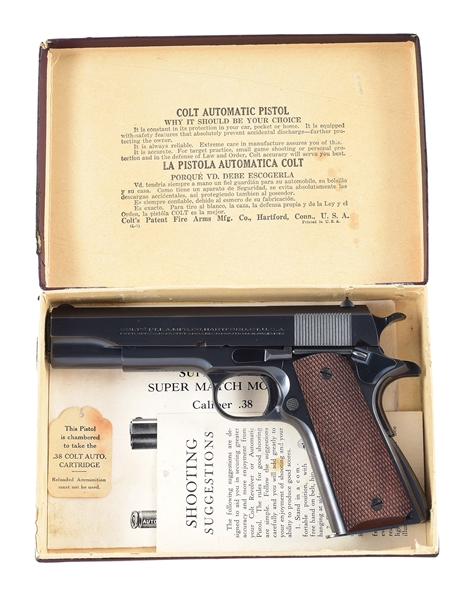 (C) STUNNING PRE-WAR COLT .38 SUPER AUTOMATIC IN ORIGINAL FACTORY BOX WITH PAPERWORK.