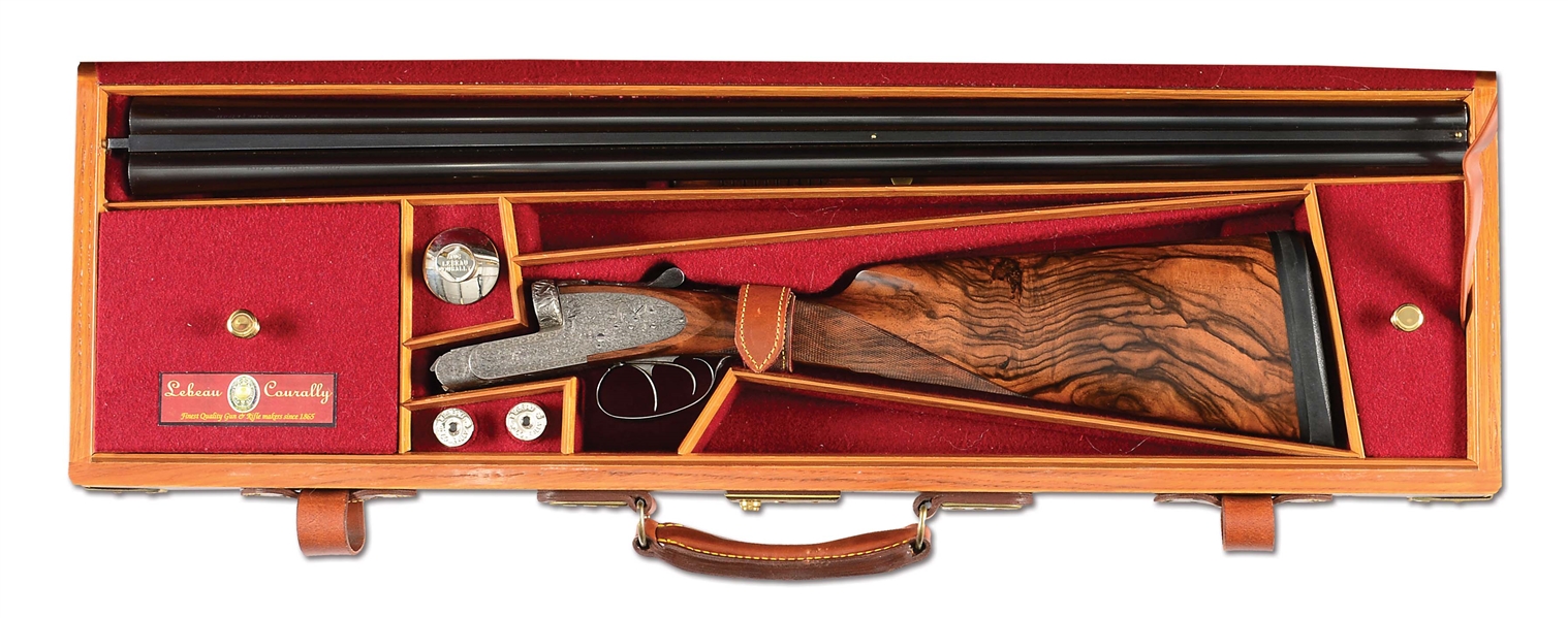 (M) LEBEAU COURALLY IMPERIAL 12 BORE SIDE BY SIDE SHOTGUN WITH CASE.