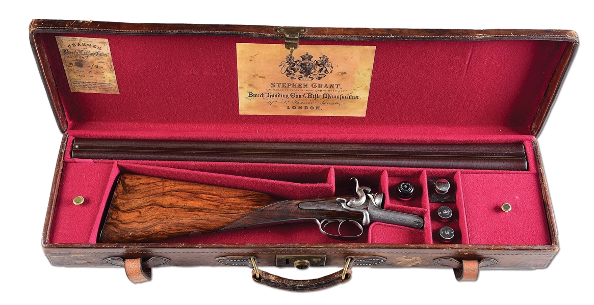 (A) STEPHEN GRANT SIDE BY SIDE HAMMER SHOTGUN WITH CASE & ACCESSORIES.