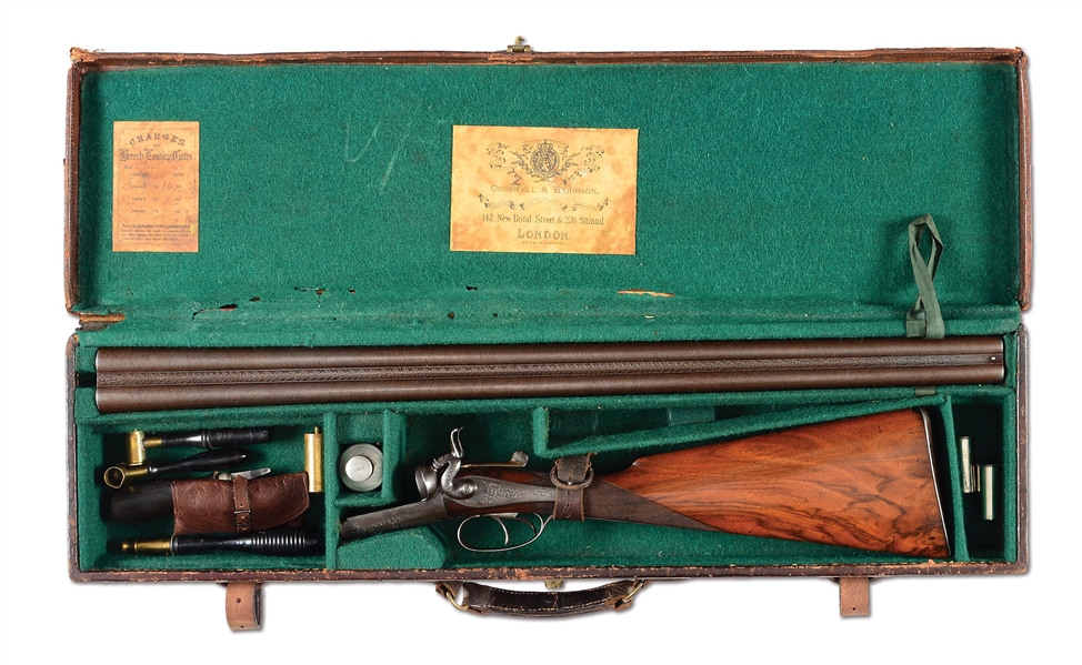 (A) COGSWELL & HARRISON BACK ACTION 12 BORE HAMMER SHOTGUN WITH CASE & ACCESSORIES.
