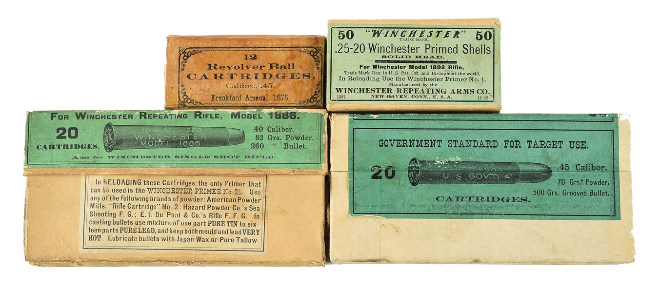 LOT OF FOUR: FOUR BOXES OF WINCHESTER AND FRANKFORD ARSENAL AMMUNITION.