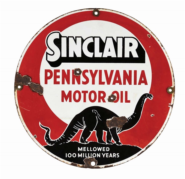 RARE SINCLAIR PENNSYLVANIA MOTOR OIL PORCELAIN SIGN W/ DINO GRAPHIC.