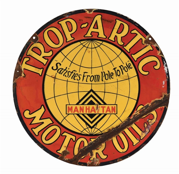 TROP ARTIC MOTOR OILS DOUBLE SIDED PORCELAIN CURB SIGN.