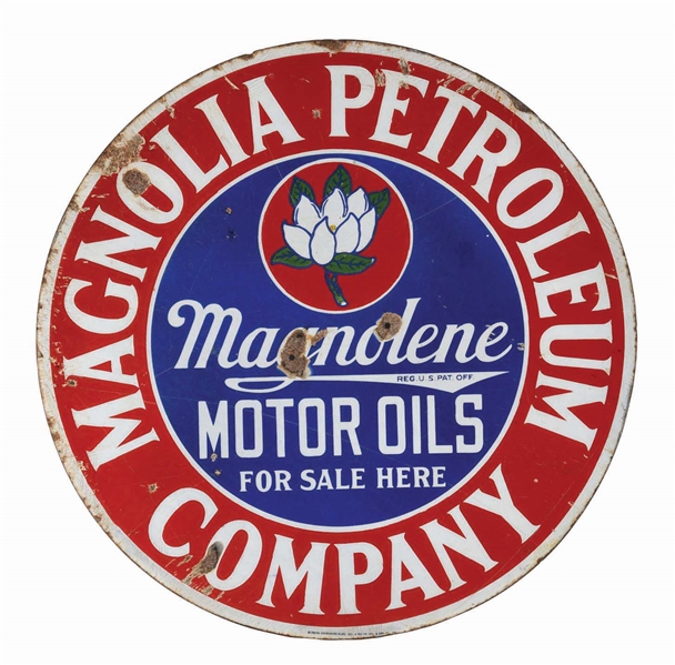 MAGNOLIA MAGNOLENE MOTOR OILS PORCELAIN CURB SIGN.