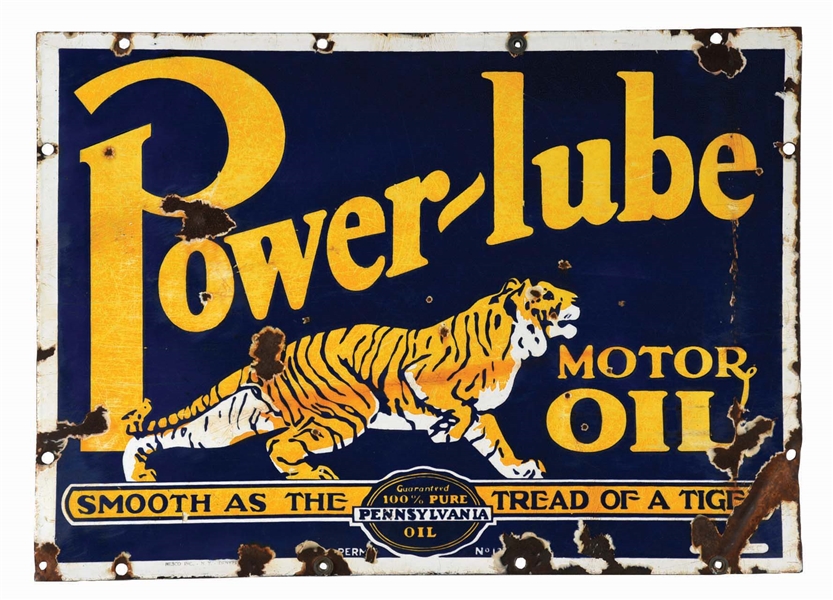 POWER LUBE MOTOR OIL PORCELAIN SIGN W/ TIGER GRAPHIC. 