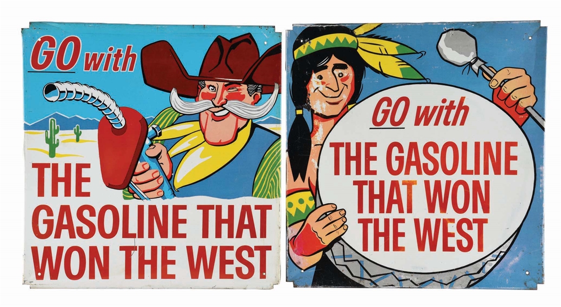 LOT OF 2: PHILLIP 66 GASOLINE GO WITH THE GASOLINE THAT WON THE WEST TIN SIGNS. 