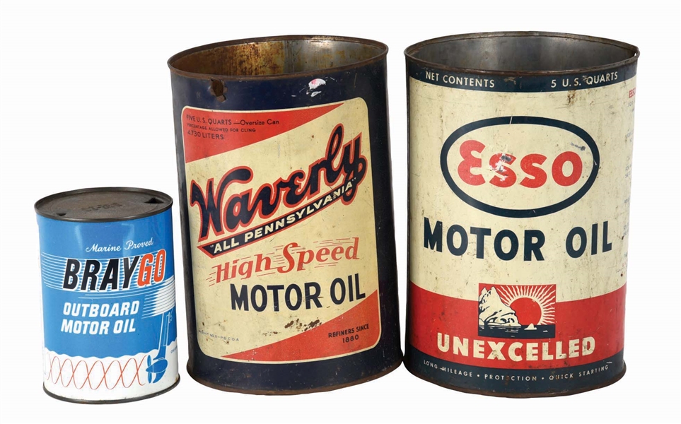 LOT OF 3: ESSO, WAVERLY & BRAYGO MOTOR OIL ONE & FIVE QUART CANS. 