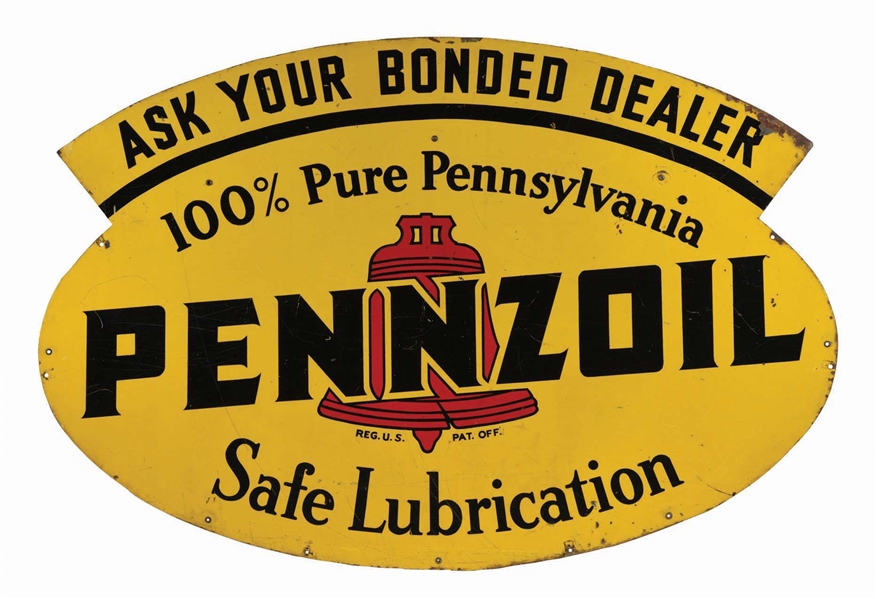 LARGE PENNZIP GASOLINE & PENNZOIL MOTOR OIL TIN SERVICE STATION SIGN.