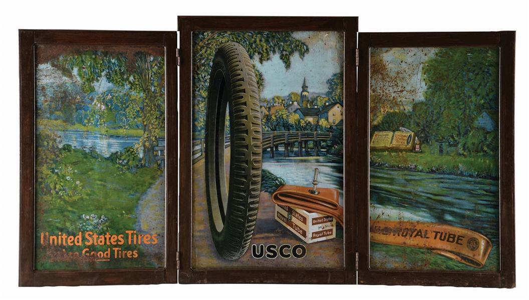 UNITED STATES TIRES THREE PIECE DOUBLED SIDED STORE DISPLAY SIGN. 