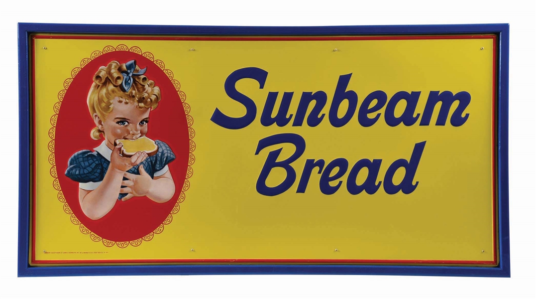 OUTSTANDING SUNBEAM BREAD EMBOSSED TIN SIGN W/ ADDED WOOD FRAME. 