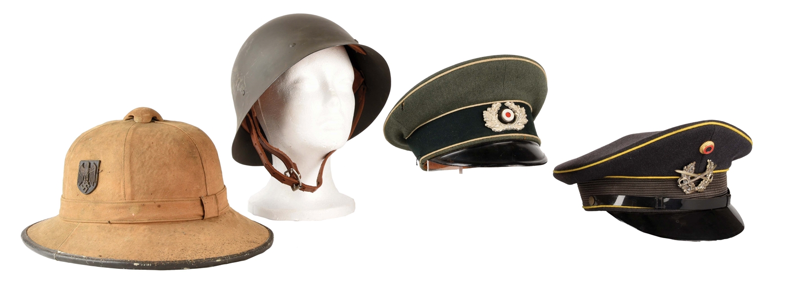 LOT OF FOUR: GERMAN WWII HEER CAP HEER PITH HELMET WEST GERMAN CAP AND EUROPEAN HELMET