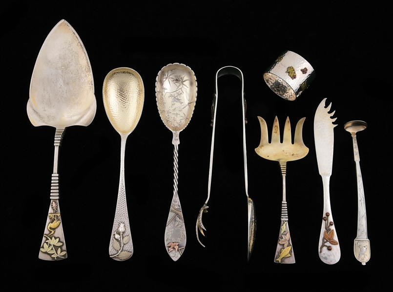 A GROUP OF AMERICAN AESTHETIC PERIOD STERLING SERVING PIECES.