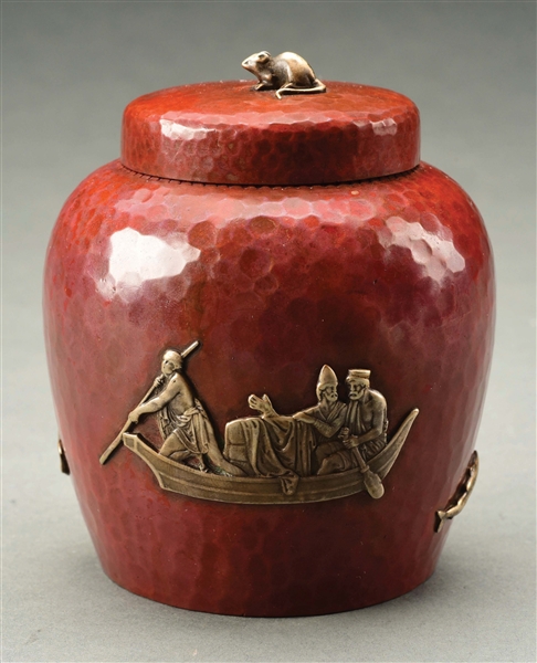 AN AMERICAN SILVER MOUNTED COPPER TEA CADDY.