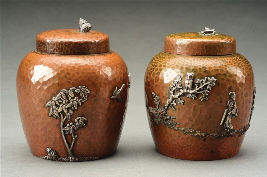 TWO AMERICAN SILVER MOUNTED COPPER TEA CADDIES.