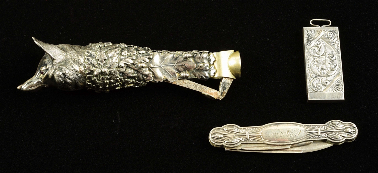 LOT OF 3: FIGURAL CIGAR CUTTER, STERLING EMBOSSED BOX, COIN SILVER KNIFE. 
