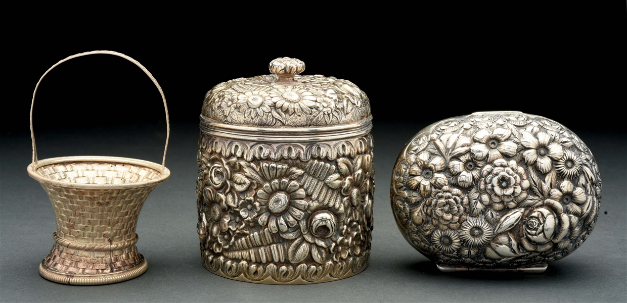 TIFFANY STERLING REPOUSSE TEA CANISTER, WHITING STERLING SOAPBOX & GORHAM STERLING BASKET.