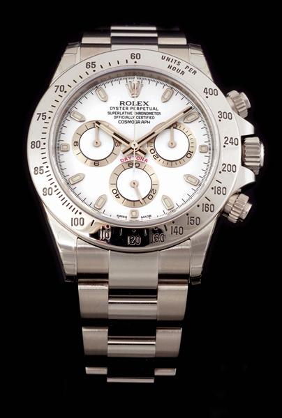 MENS ROLEX COSMOGRAPH DAYTONA IN STAINLESS STEEL W/WHITE DIAL, REF. 116520 NEW IN BOX W/CARD.