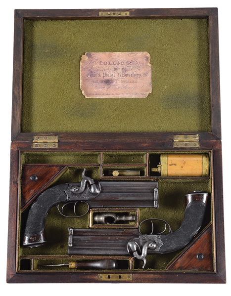 (A) CASED PAIR OF LARGE BORE MOILLENS AND GEM PERCUSSION BELT PISTOLS.