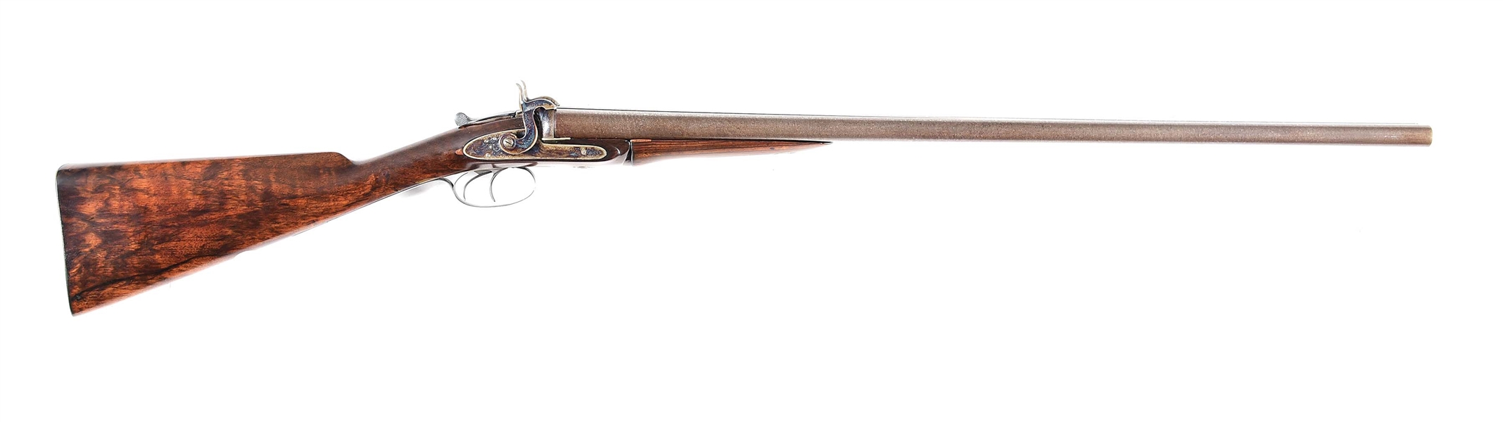 (A) WESTLEY RICHARDS 1871 PATENT SIDE BY SIDE HAMMER FIRED 12 BORE SHOTGUN, CONVERTED FROM PINFIRE.