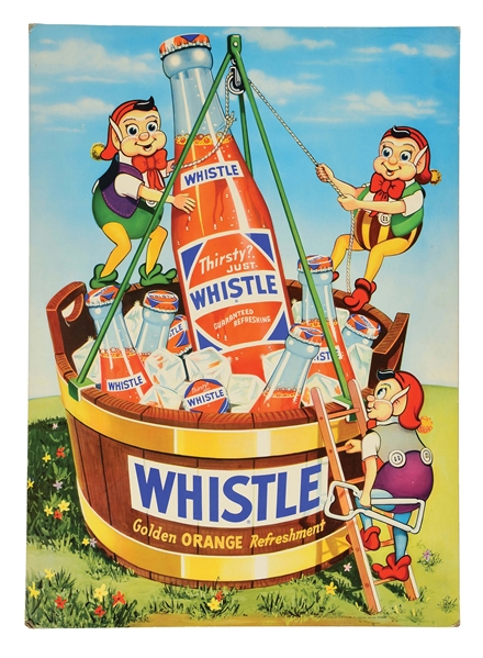 WHISTLE SODA CARDBOARD SIGN WITH ELVES.