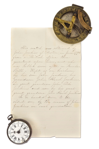 LOT OF 2: ENGLISH WATCH FROM BRITISH SOLDIER KILLED AT BUNKER HILL WITH BRASS SUNDIAL COMPASS.