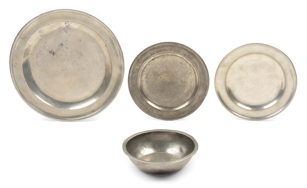 LOT OF 4: PEWTER PLATES AND BOWL ATTRIBUTED TO REVERE.