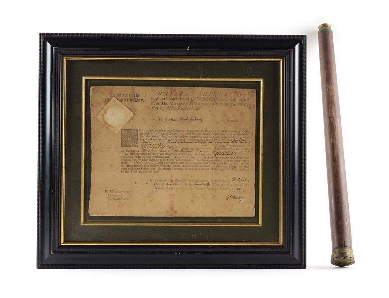 WILLIAM SHIRLEY-SIGNED 1743 MILITARY APPOINTMENT WITH GILBERT OF LONDON TELESCOPE (LOT OF 2).