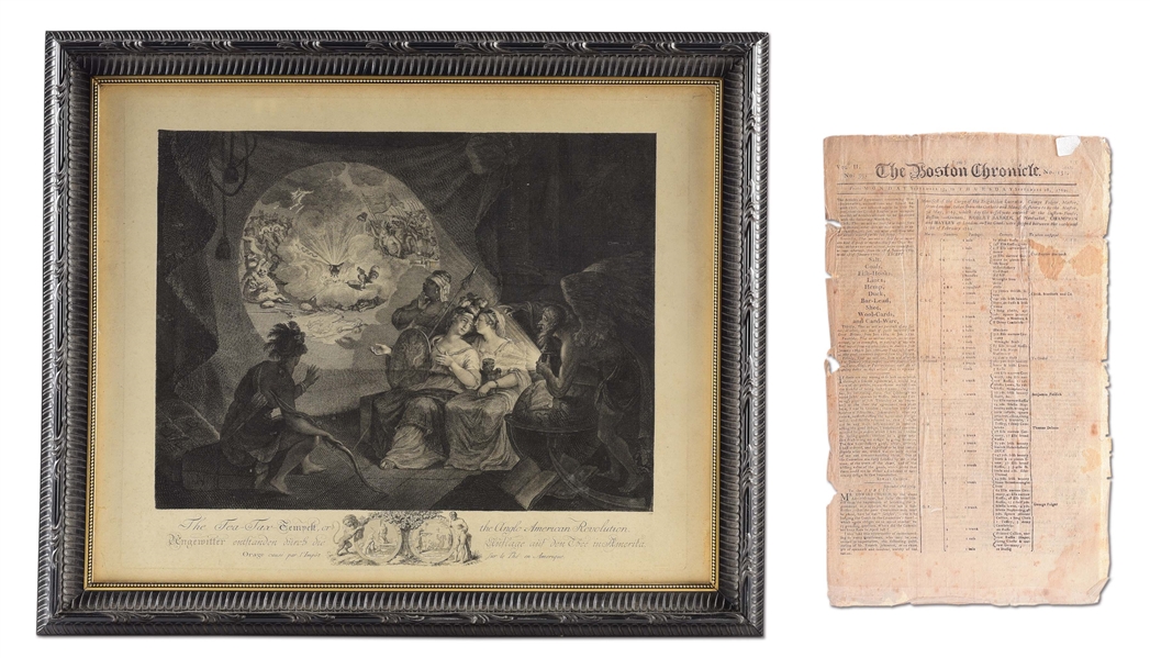 "THE TEA-TAX TEMPEST" PRINT, WITH AN IMPORTANT 1769 "BOSTON CHRONICLE" ISSUE.