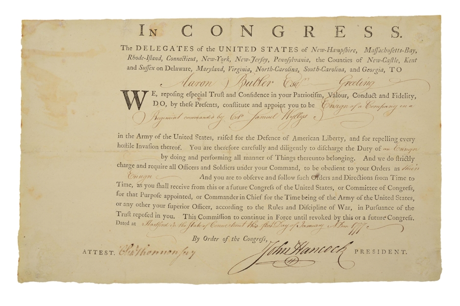 JOHN HANCOCK-SIGNED COMMISSION OF ENSIGN AARON BUTLER, 1777